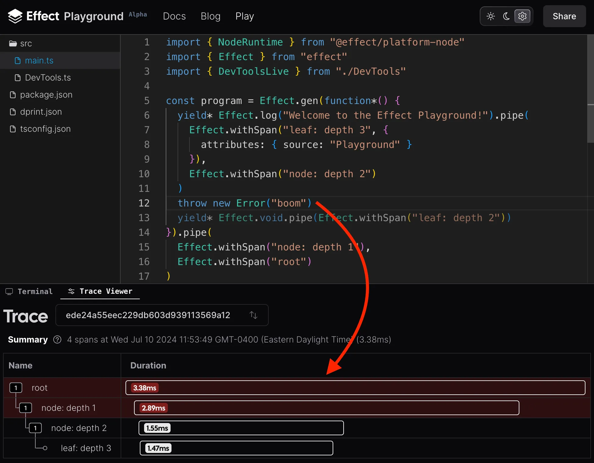 Picture of the Effect Playground's built-in trace viewer showing a span containing an error