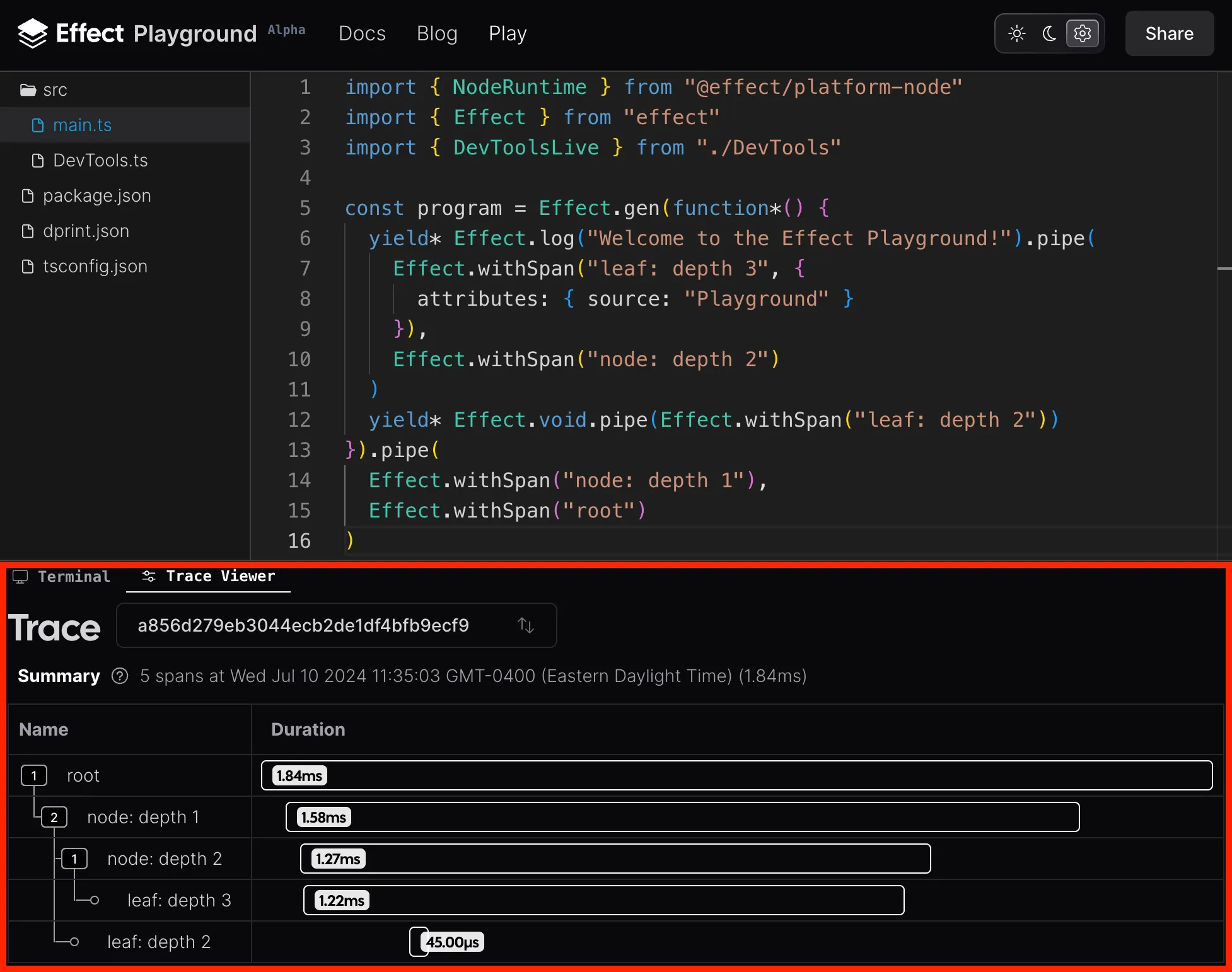 Picture of the Effect Playground's built-in trace viewer